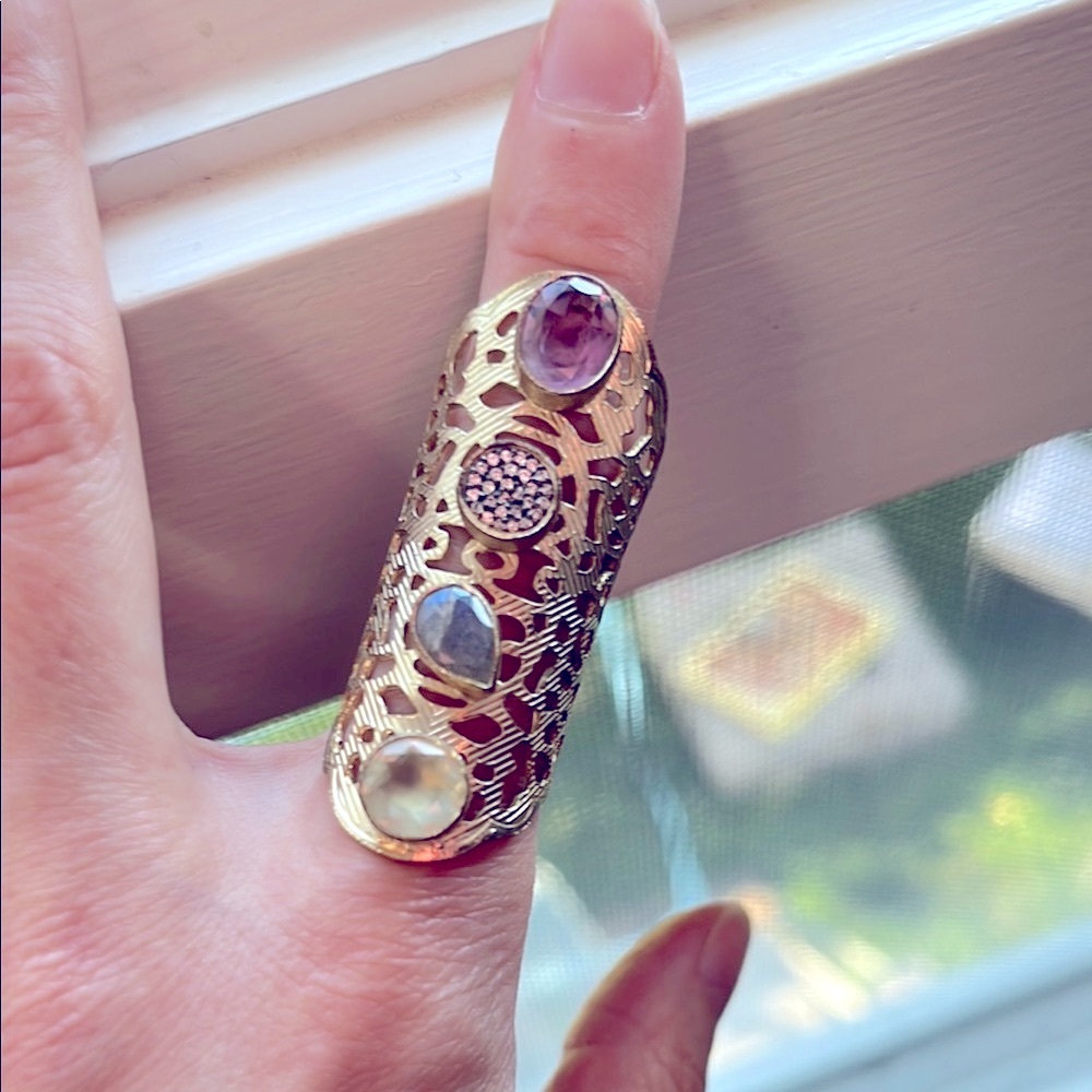 Elegant Filigree Cuff Ring with Multicolor Gemstones